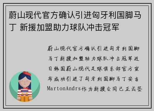 蔚山现代官方确认引进匈牙利国脚马丁 新援加盟助力球队冲击冠军