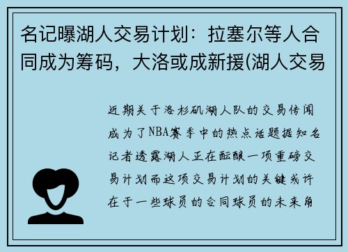 名记曝湖人交易计划：拉塞尔等人合同成为筹码，大洛或成新援(湖人交易拉文最新消息)