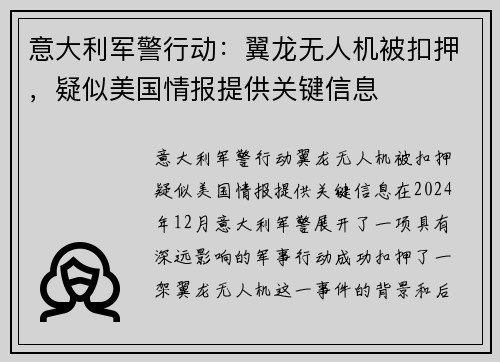 意大利军警行动：翼龙无人机被扣押，疑似美国情报提供关键信息