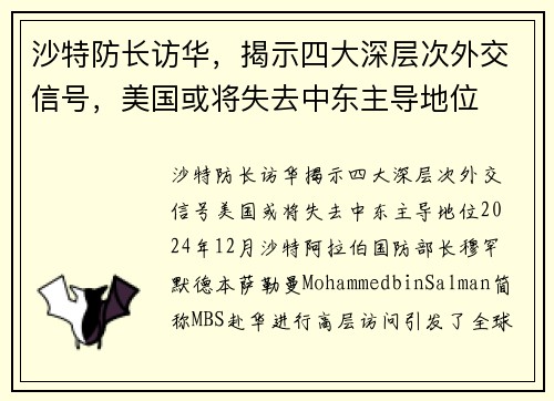 沙特防长访华，揭示四大深层次外交信号，美国或将失去中东主导地位