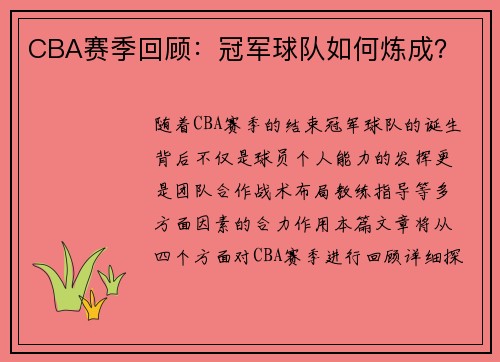 CBA赛季回顾：冠军球队如何炼成？